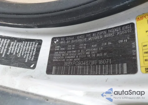 2007 BMW X3 3.0Si from USA, damaged, VIN WBXPC93467WF18071